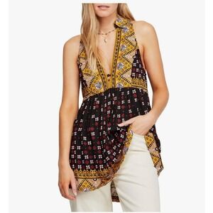 Free People Charlotte Black Print Sleeveless Collared‎ Deep V Tunic Top S
